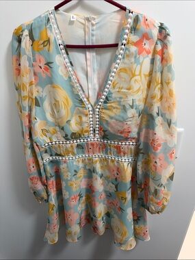 SHEIN Pastel Floral V-Neck Blouse in Coral, Yellow & Mint